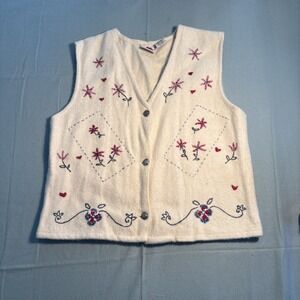 New Legends Vintage Wool Blend Floral Embroidered Vest Cream White Size M 10/12